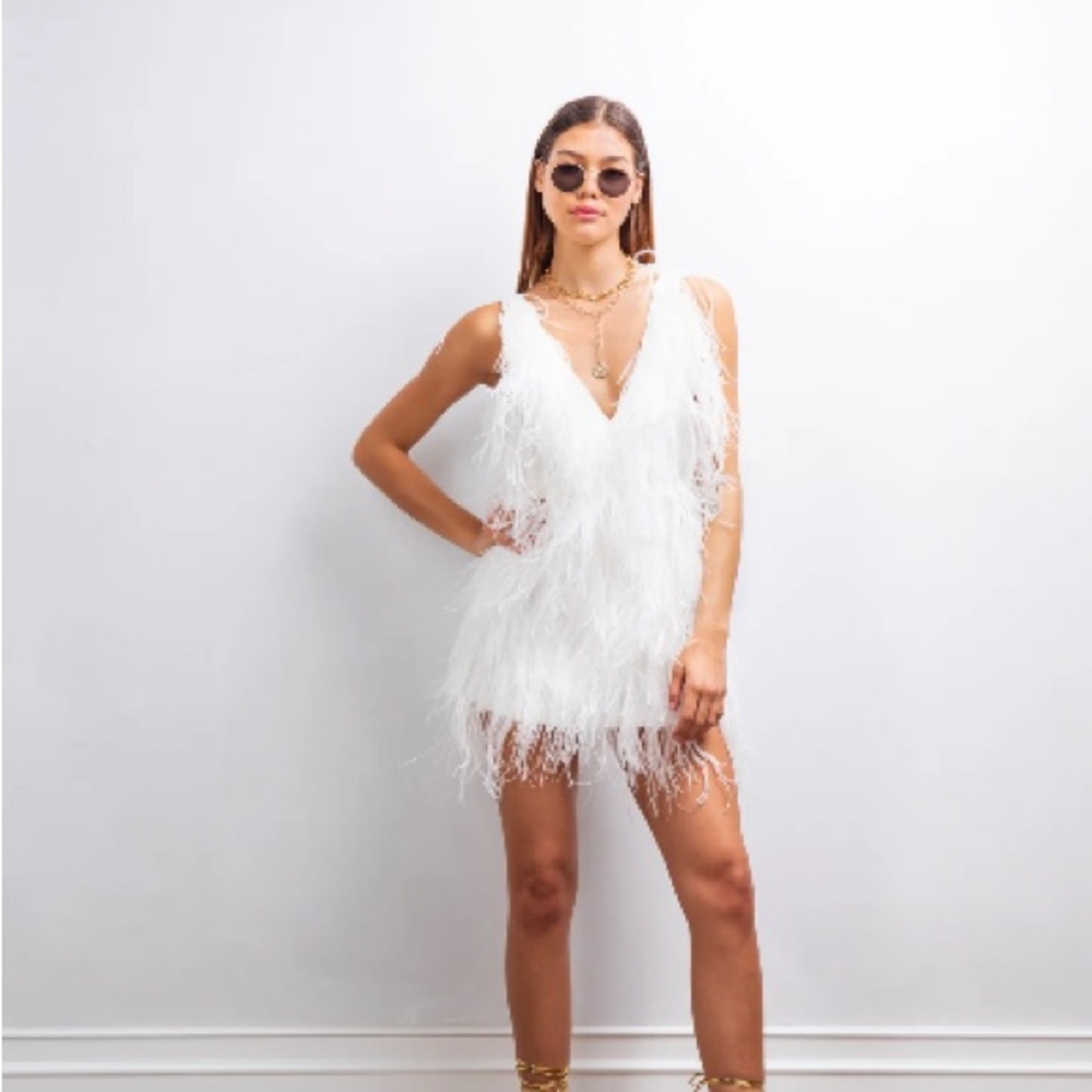NWT Intense defense mini feather dress in White